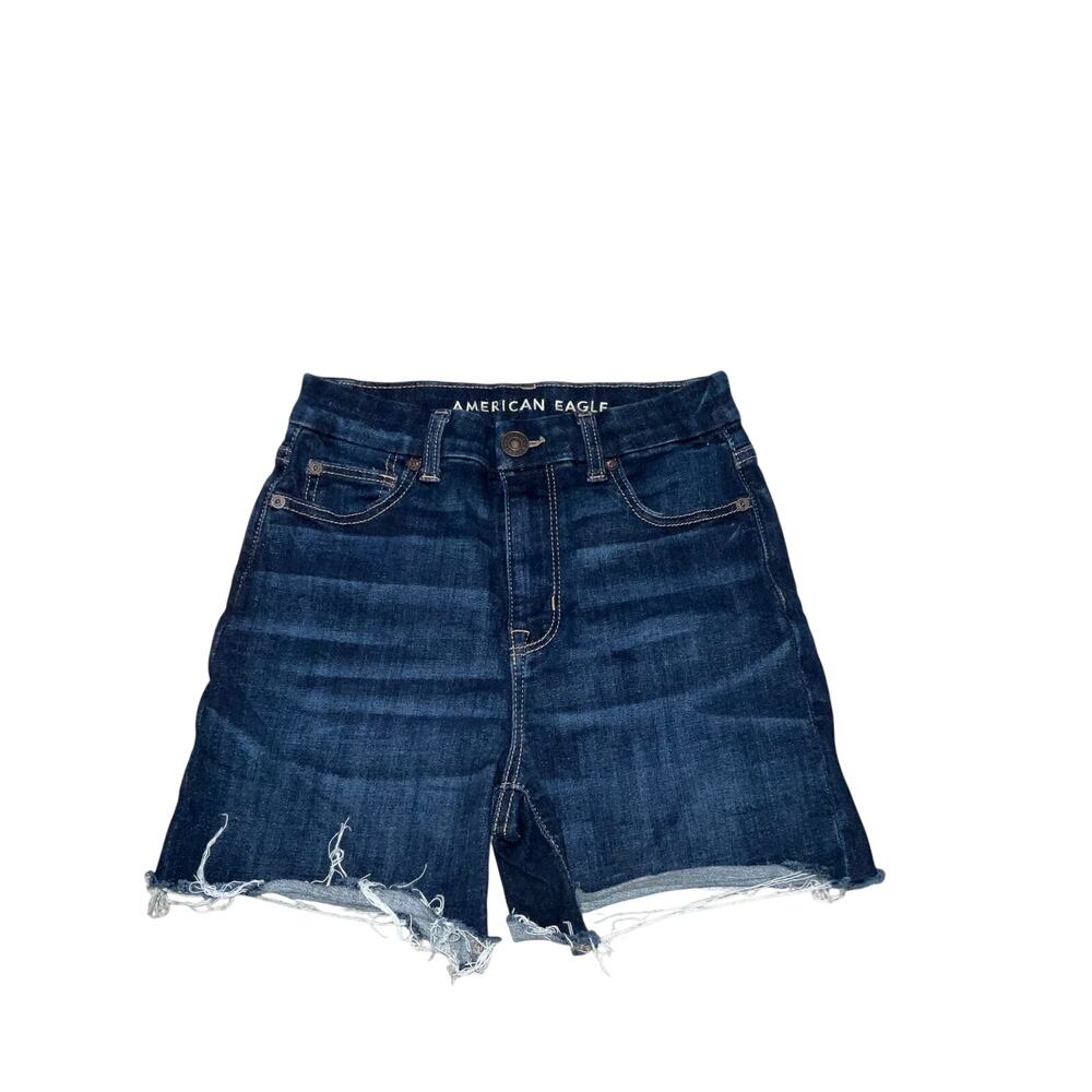 American Eagle Dark Wash High-Rise Shortie Denim Raw Hem Jean Shorts Size 0